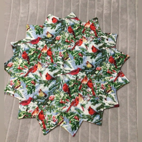 25” Table Topper Fall Leaves Design and Cardinals Winter on the Reverse Side - Picture 2 of 6